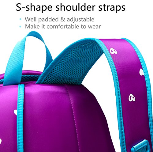 Fashion Girls Backpack for Kids Elementary School Bag Girly Bookbag Children 17 Inch Nylon Heart Print (Purple & Blue)