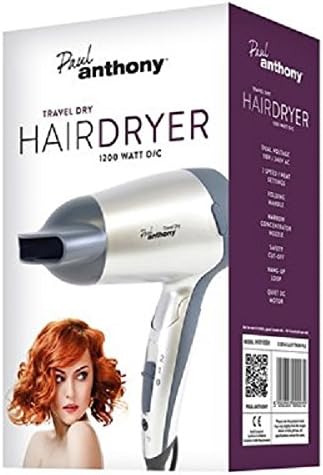 Paul Anthony Travel Dry 1200w Travel Hair Dryer / 2 Heat Settings / 2 Speed Settings/Folding Handle/Concentrator Nozzle/Safety Cut-Off/Hang up Loop/Dual Voltage 110/240v