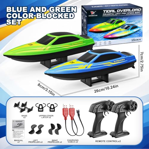 RC RC Boats 2 Pack 7 Modes LED 15km/h Speed 2.4GHz Remote Control Self Straightening Battery & Range Alerts 4 Rechargeable Batteries Pool & Lake Gift Boys Girls Gift