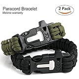 AUOON 2PC Paracord Bracelet, Survival Gear Kit Fire Starter, Emergency Knife & Whistle, Made Durable Military 550 Paracord, Slip Buckle Design Hiking, Camping Exploration, Black Green