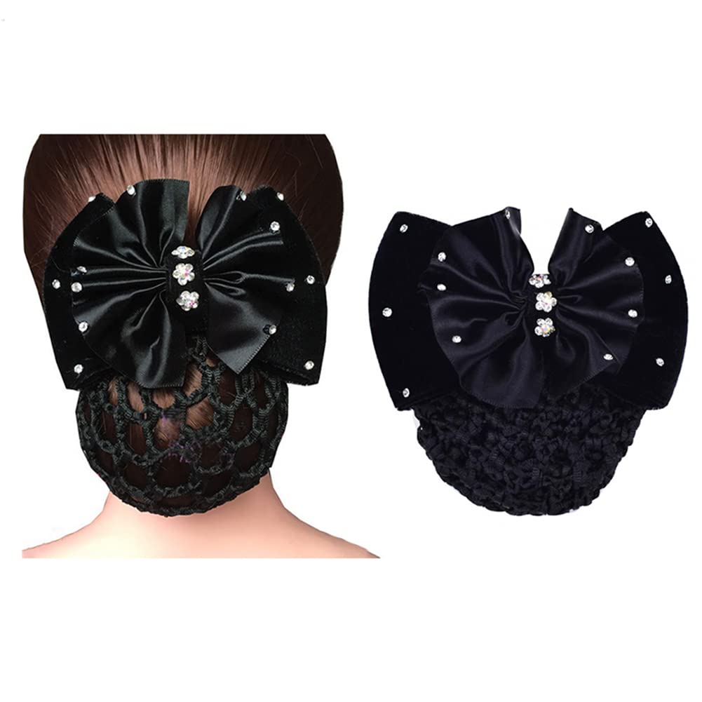 1Pcs Black Rhinestone Satin Snood Net Bow Barrette Hair Clip Bun Cover Women Girls Bowknot Bun Snood Hairnet French Hair Clip Hair Accessories