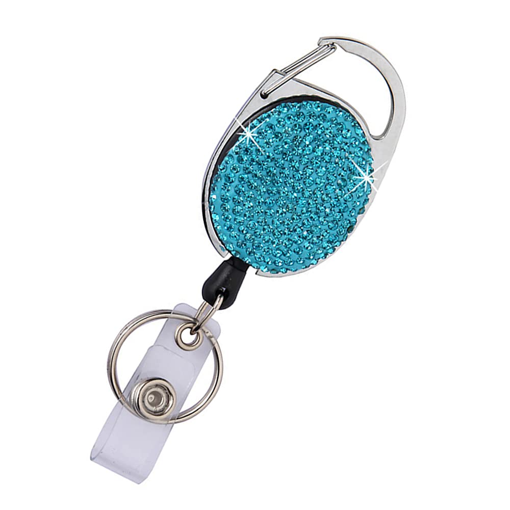 Bling Rhinestone Retractable Badge Reel, Glitter ID Badge Holder with Belt Clip and Key Ring, Pull Cord up to 24 inches, Women Girls Gifts, Pack of 1, Lake Blue