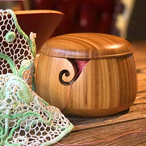 Jannyshop Yarn Bow Knitting Crochet with Carved Holes Cover Bowl Premium Rosewood Crafted Yarn Storage Bowls with Decorative Carved Handmade Grills Knitting Crochet Accessories Supplies