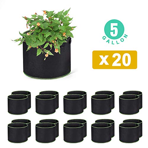 WOHOUS 20-Pack 5 Gallon Plant Grow Bags Heavy Duty Aeration Fabric Pots Thickened Nonwoven 1 Gallon Fabric Pots Plant Grow Bags with Handles (20, 5 Gallon)