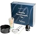 Naoki Matcha Complete Matcha Tea Ceremony Set - Includes: Bamboo Matcha Whisk & Bamboo Tea Scoop, Large Stainless Steel Sifter, Black Stoneware Bowl with Spout