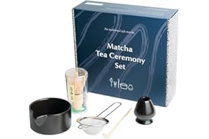 Naoki Matcha Complete Matcha Tea Ceremony Set - Includes: Bamboo Matcha Whisk & Bamboo Tea Scoop, Large Stainless Steel Sifter, Black Stoneware Bowl with Spout