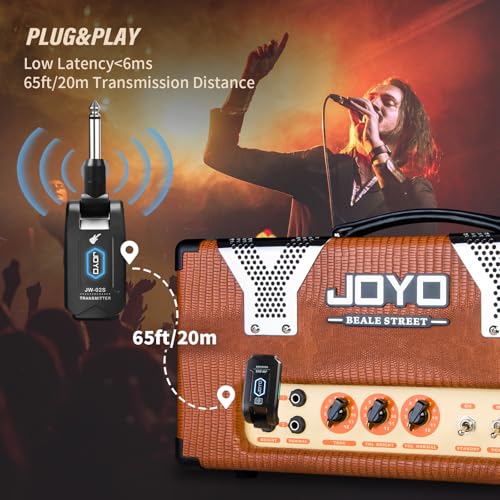 JOYO - Sistema inalámbrico para guitarra, 5.8 GHz, transmisor y receptor inalámbricos para guitarra, audio recargable con 4 canales de señal para guitarra eléctrica y bajo 20M, (JW-02S)