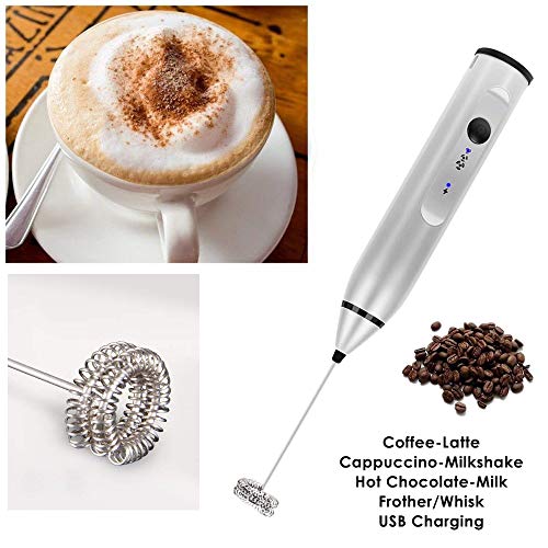 EZCO Electric Milk Frother Handheld, USB Rechargeable Drink Mixer Foam Maker for Coffee Lattes Hot Chocolates with Egg Beater/Coffee Needle Pen/Art Stencils Set, Silver