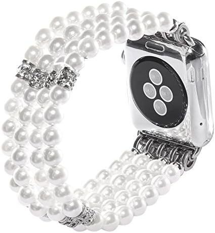 Lybauri 42mm Apple Watch Band, Fashion Handmade Elastic Stretch Faux Pearl Bracelet Replacement Apple Series1/2/3 (White)