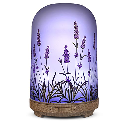 Essential Oil Diffuser 120ml New Lavender Glass Vase Fragrance Diffuser Ultrasonic Cool Mist Humidifier with 7 Color LED Lights, Waterless Auto Shut-off, Intermittent Spraying For Home Office Spa (la)