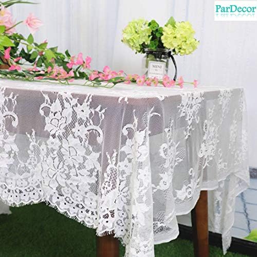 ParDecor Lace-Tablecloth 60x120-Inch White Romantic Lace Table Cloths Wedding Mesh Lace Trim Fabrics Crochet Lace Tablecloths Rectangular Home Dining Lace Table Cover