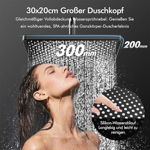 HOMELODY Shower System with Thermostat and Glass Shelf Black - 30 x 20 cm Large Shower Head Rain Shower and 3 Jet Types Hand Shower, 2 Piano Knobs Shower Fitting Complete Set Shower Set with Rain Shower