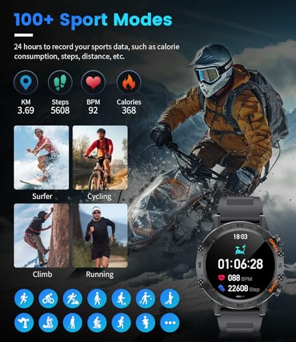 FOXBOX Smart Watch for Men, 1.39" Military Smartwatch with SpO2, Sleep Monitor, 24H Heart Rate, Tactical Fitness Watch, 100+ Sports, IP67 Waterproof, Make/Answer Call, 400 mAh, 300+ Watch Face, Black