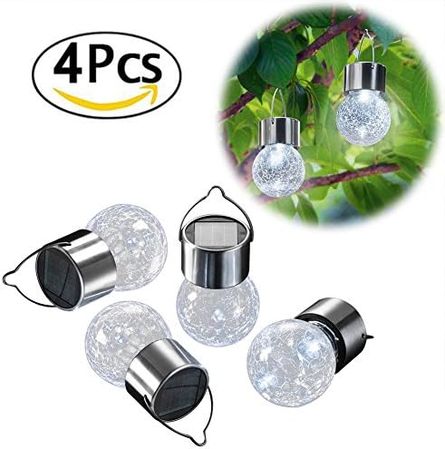 4 Pack Hanging Solar Lights Christmas Yard Decoration, White LED Solar Crackle Globe Hanging Lights Waterproof Outdoor Solar Lanterns with Handle for Garden, Yard, Patio, Lawn(White)