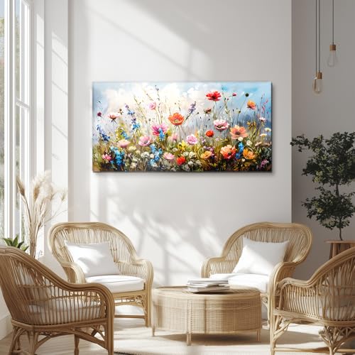hyidecorart Large Modern Living Room Decoration Paintings, 59 x 119 cm, XXL Decorative Canvas, Wall, Bedroom, Decorative Wall Sheets, Blue Sky and Sea of Flowers, Wall Art Dining Room Office Hallway Bathroom