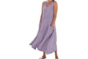 MXALUOB Casual Long Dress for Women 2025 Summer Sleeveless Solid Dresses with Pockets Vacation Beach Round Neck Maxi Dress