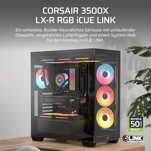 3500X LX-R RGB iCUE LINK Panoramaglas Mid-Tower-PC-Gehäuse – 3 x LX120-R RGB-Lüfter und iCUE LINK System Hub Inklusive, GPU-Anti-Sag-Arm, Platz für bis zu 10 x 120-mm-Lüfter – Schwarz