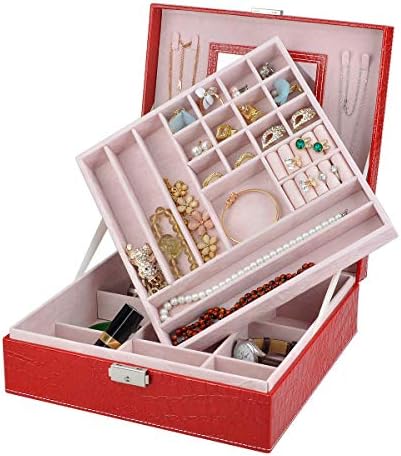 NirongLavie 2-Layer Square-Shaped Lint Leather/Suede Jewellery Box Jewelry Organiser Storage case with Lock Mirror Gifts for Women