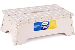 Korpai 5" Folding Step Stool for Adults and Kids 15-Inch Extra Wide Stool Holds Up to 300 lbs,Non-Slip Folding Stools with Handle,Compact Plastic Foldable Step Stool for Bathroom,Kitchen,ect, Khaki