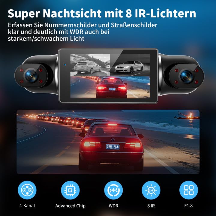 Dashcam Auto Vorne Hinten 4K/1080P,4 Kanal Auto Kamera mit 64GB SD-Karte,360°Dash Cam mit parküberwachung,4X140° Weitwinkel,3" IPS-Bildschirm,WDR Nachtsicht(8 IR-LEDs),G-Sensor,Loop-Aufnahme,WiFi App