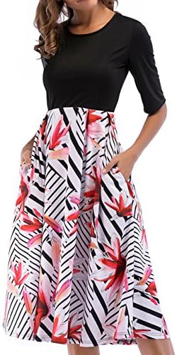 Yomoko Women's Casual Pockets Floral Print Patchwork Puffy Swing Pockets A-Line Dress With Half Sleeves (XXL, Red)