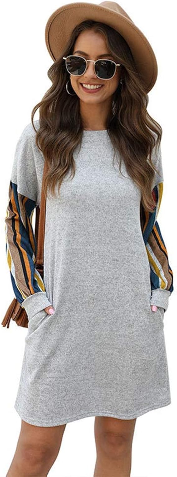 Amazon Timagebreze 女性の秋のファッションカジュアルドレス カラフルなストライプ ステッチ ラウンドネック 長袖のゆったりしたドレス 赤色 L ワンピース チュニック 通販