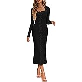 MEROKEETY Women's Fall Long Sleeve Sweater Dress 2025 Bodycon Square Neck Ruffle Ribbed Knit Midi Dresses