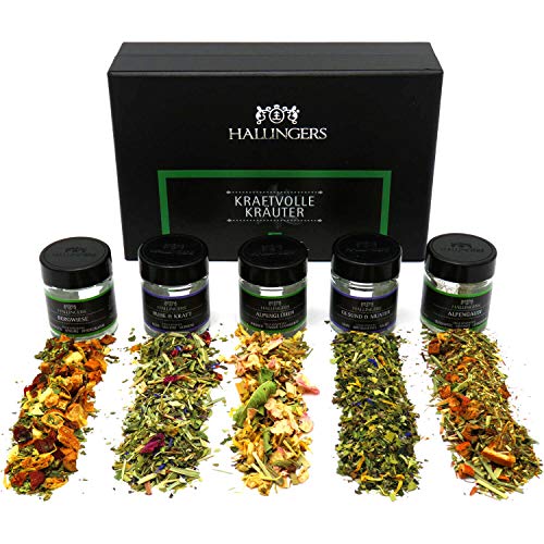 Hallingers Kraftvolle Kräuter - 5 Sorten Tee Geschenkset, loser Tee vegan in Schraubgläsern, Teesortiment als Tee Geschenk (Set) - Geschenkideen Weihnachten & Geschenke Adventskalender | Geburtstag Gl