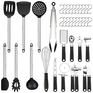 Kitchen-Utensil-Set-36Pcs-Silicone-Cooking-Set-Kitchen-Gadget-Set-with-Heat-Resistant-Non-Slip-Spoon-Turners-Tongs-Whisk-Can-Opener-Garlic-Press-Scoop-Cheese-Grater-Peeler-20-Hooks-Black Kitchen Utensil Set 36Pcs Silicone Cooking Set, Kitchen Gadget Set with Heat Resistant Non-Slip Spoon, Turners, Tongs…