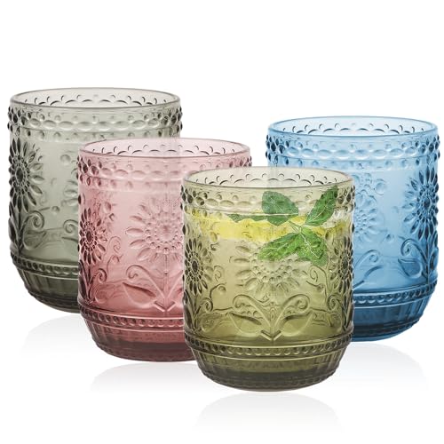 Glass Cups, Vintage Glassware Drinking Glass Set of 4, 12oz Colored Glassware with Sunflower Design, Embossed Floral Decorative Glasses Drinking Set for Cocktail, Wine, Vintage Drinking Glasses