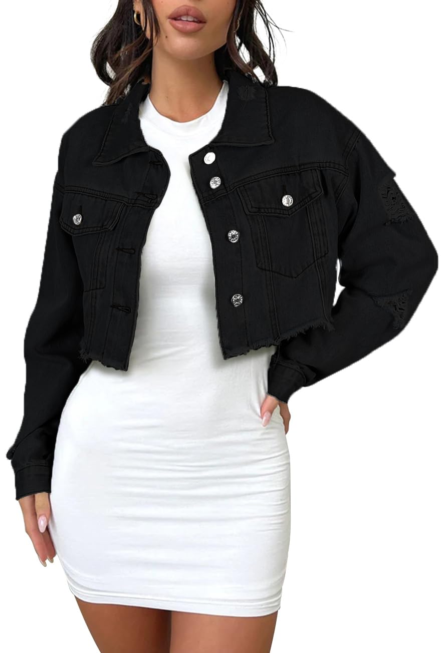 Photo 1 of andy & natalie black jean jacket women's cropped distressed dressy denim jacket fashion lightweight outfit jacket Black Medium