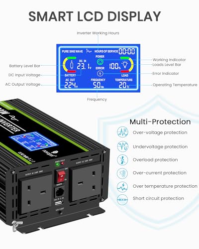 NOVOPAL 2000W Pure Sine Wave Inverter 24V to 230V 240V Car Power Converter with LCD Display, 2 UK Outlets,1 USB Port,Remote Control for Motorhomes, Truck, Boat, Camping, Household, Van