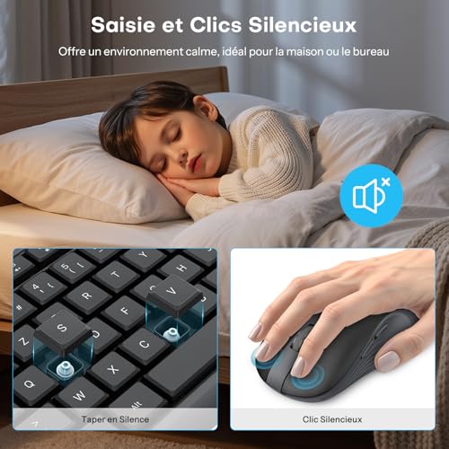 OMOTON AZERTY Wireless Keyboard and Mouse, 2.4 GHz Wireless Keyboard and Mouse Set, Standing, Quiet, Multimedia, Ergonomic, Full Size Compatible with Windows/Linux PC, Ideal for Office (Black-Grey)