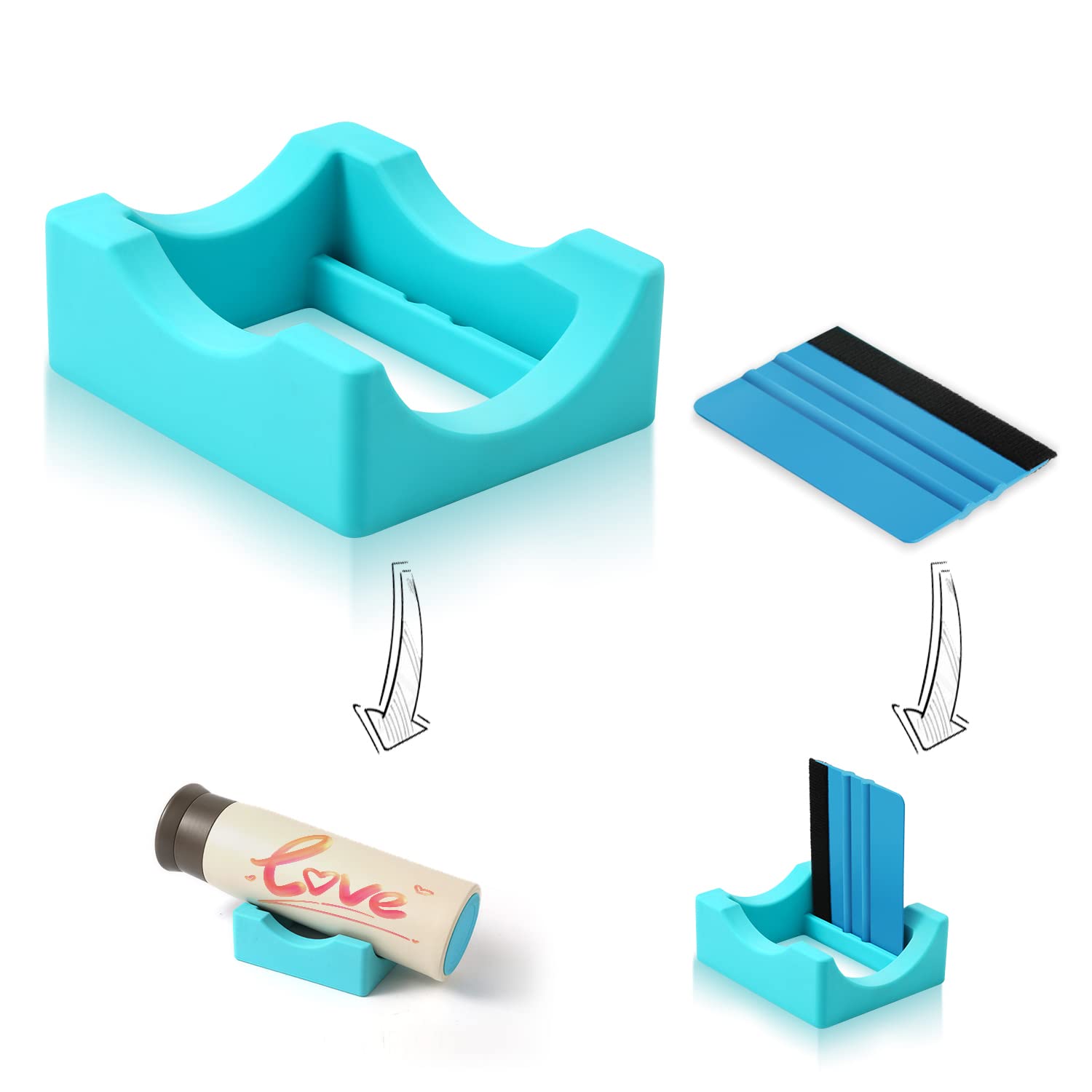 AIEX Small Silicone Cup Cradle for Crafting,Tumbler Holder with Built-in Slot and Felt Edge Squeegee, Use to Apply Vinyl Decals Mug Beer Can Glass Bottle, Anti-Skidding Display Tumbler Stand (Cyan)