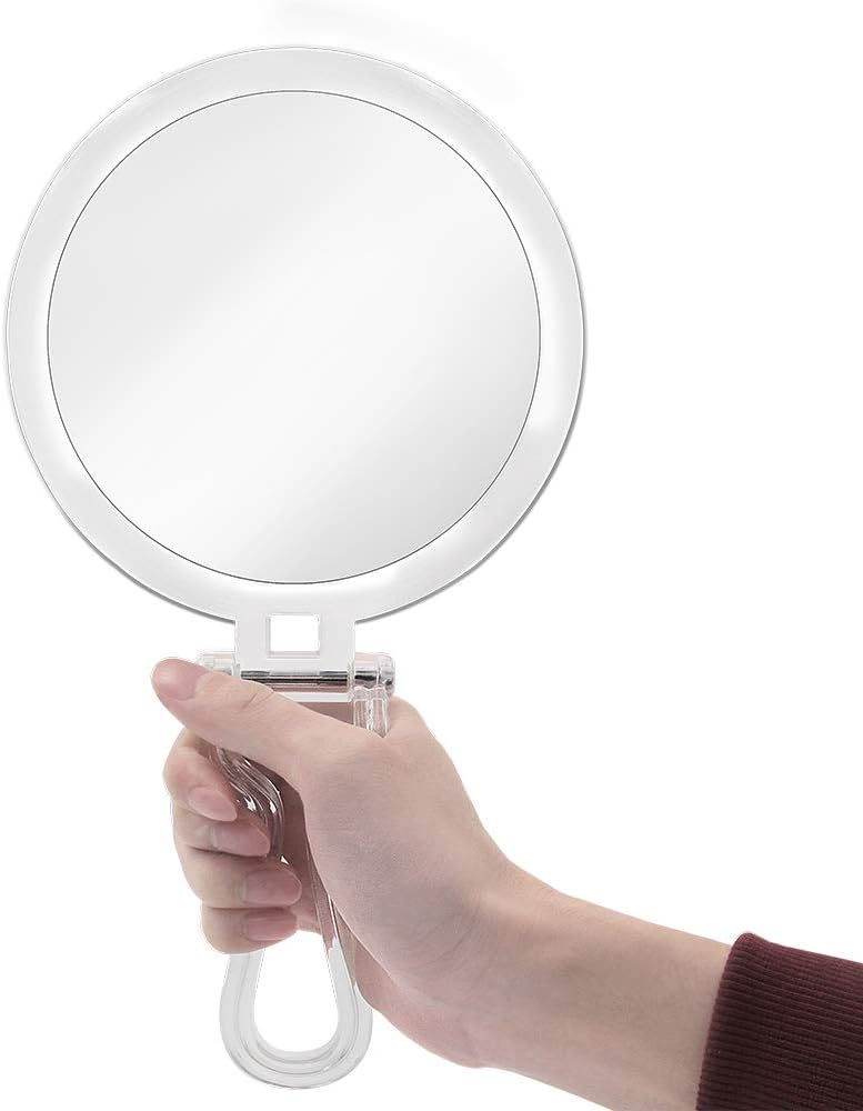 Cheftick Double Sided Hand Held Mirror - 1X & 7X Magnifying Travel Makeup Mirror with Adjustable Folding Handle, Portable, Transparent & Round (6"): Furniture & Decor
