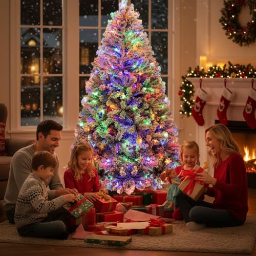180cm Künstlicher Weihnachtsbaum mit Schneeflocken-Optik, 300 RGB-Beleuchtung, 1000 dichte Zweigspitzen & schneller Klapp-Montage, vollständiger Tannenbaum für Festliche Winterdekoration, Grün & Weiß