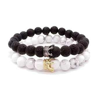 Armband King und Queen Crown Naturstein Perlen für Paare,Elastisch Edelstein Armbänder aus CZ Kronen König und Königin schwar