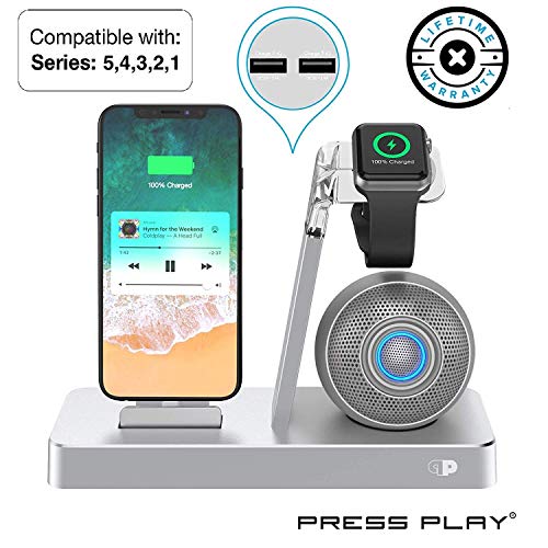 Press Play ONE Dock Beat [Apple Certified] Power Station + Wireless Speaker Dock, Stand & Charger for Apple Watch Smart Watch, iPhone, iPad & iPod w/Original Lightning Connector