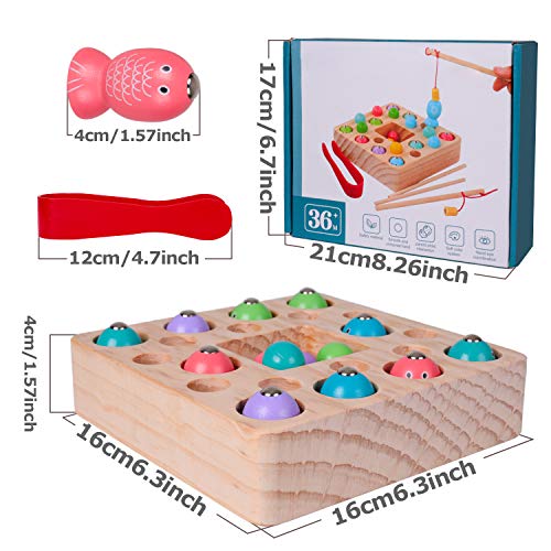 Rolimate Fishing Game Wooden Magnet Fishing Toy Montessori Developmental Preschool Toy Color Recognition, 10 Fishes Beads Fishing Pole Clamp Chopsticks, Birthday Gift for 3 4 5+ Years Boy Girl Toddler - Thumbnail 5