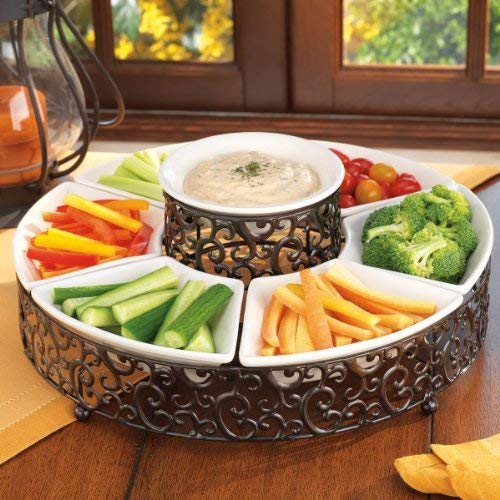 Elegant Serving Platter,7-Piece Section Serving Dish Ceramic and Pressed Metal, Ideal for Appetizers, Salad, Party Bowl, Relish Dish, Chip and Dip Set