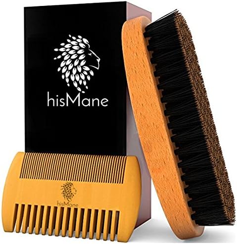 Beard & Mustache Brush and Comb Kit - 100% Boar Bristle Beard Brush & Wooden Grooming Comb - Facial Hair Care Gift Set for Men - For Applying Beard Oil & Wax for Styling, Growth & Maintenance - hisMane