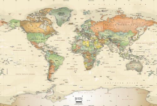 World Political Map Wall Mural - Antique Oceans - Wallpaper - 8 panel - 142" x 96"