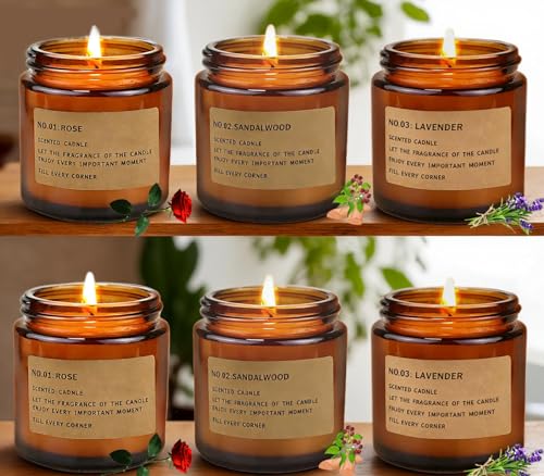 Ricihene Scented Candles Set, 6 Pack Glass Container Candles Set, Lavender/Rose/Sandalwood Scents for Aromatherapy Candles, Long-Burning, Home Decoration & Gift Set