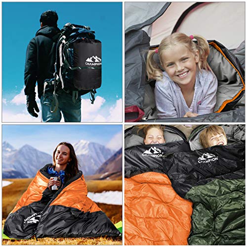 ChampionPlus Sleeping Bag for Adults & Kids, Boys and Girls - 3 Season Warm & Cool Weather - Summer, Spring, Fall, Compact Sleeping Bags Lightweight，Camping/Hiking/Backpacking, Orange