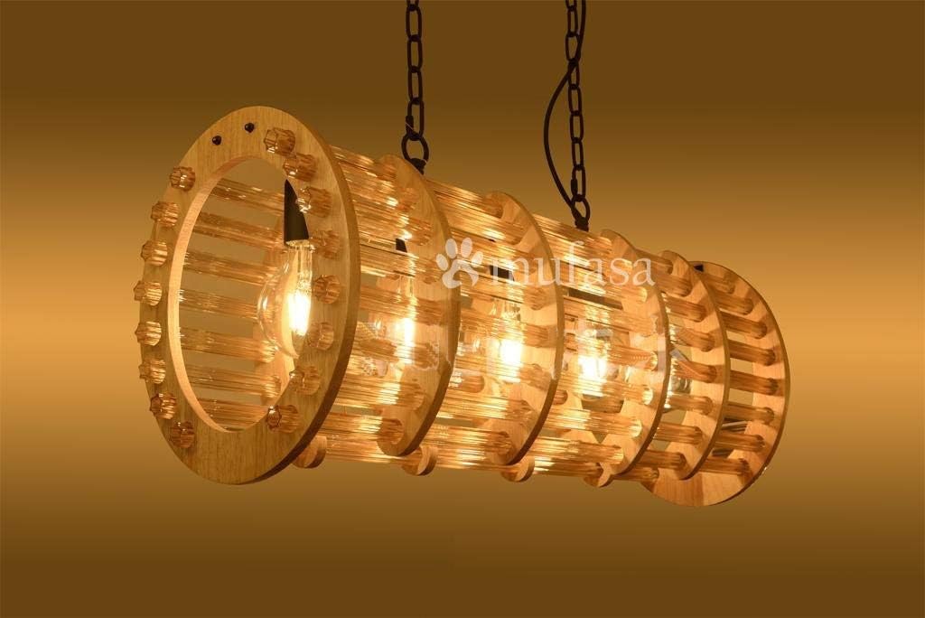 Mufasa Wooden and Tinted Glass Tubes Chandelier with 5 E27 Bulb Holders, Ceiling Hanging Lamp, Display Light (Bulb Not Included)