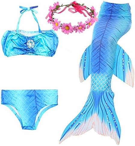 LILYFUN 3PCS Girls Mermaid Tail Swimsuit For Swimming Bikini Princess Can Add MonoFins (Wind SkyBlue, Child XL/9-10)