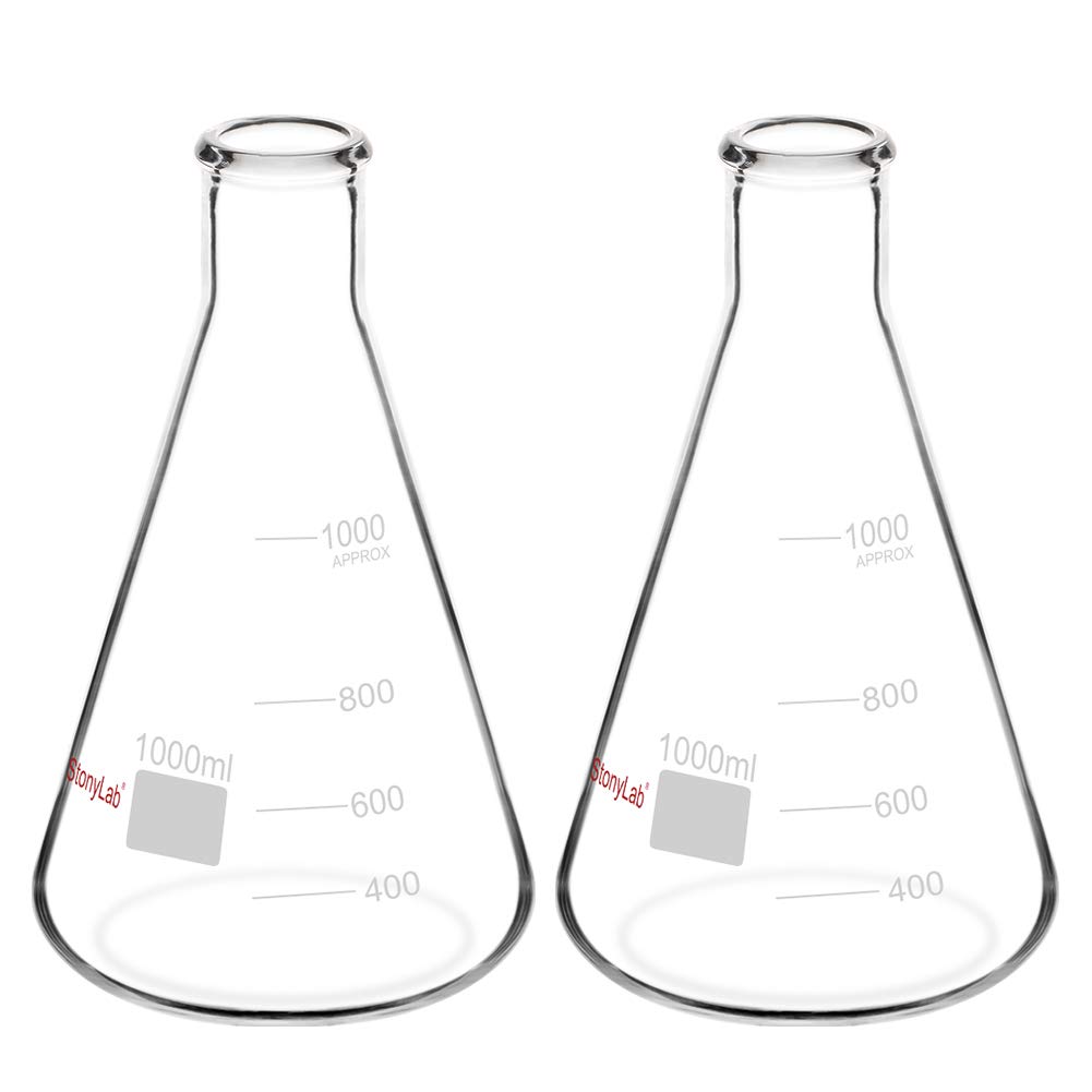 StonyLab (2 Pack) 1000ml Narrow Mouth Erlenmeyer Glass Flasks with Heavy Duty Rim, 1 L (1 Liter)