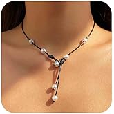 Aneneiceera Vintage Black Leather Pearl Choker Necklace Leather Y Lariat Necklace Pearl Tassel Drop Necklace Vegan Leather Necklace Jewelry for Women