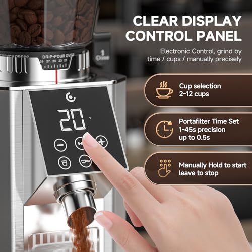 AMZCHEF Burr Coffee Grinder - 45 Precise Grind Settings for Espresso/Cold Brew, Adjustable Portafilter Holder & LED Touch Display, Anti-Static, Home Use