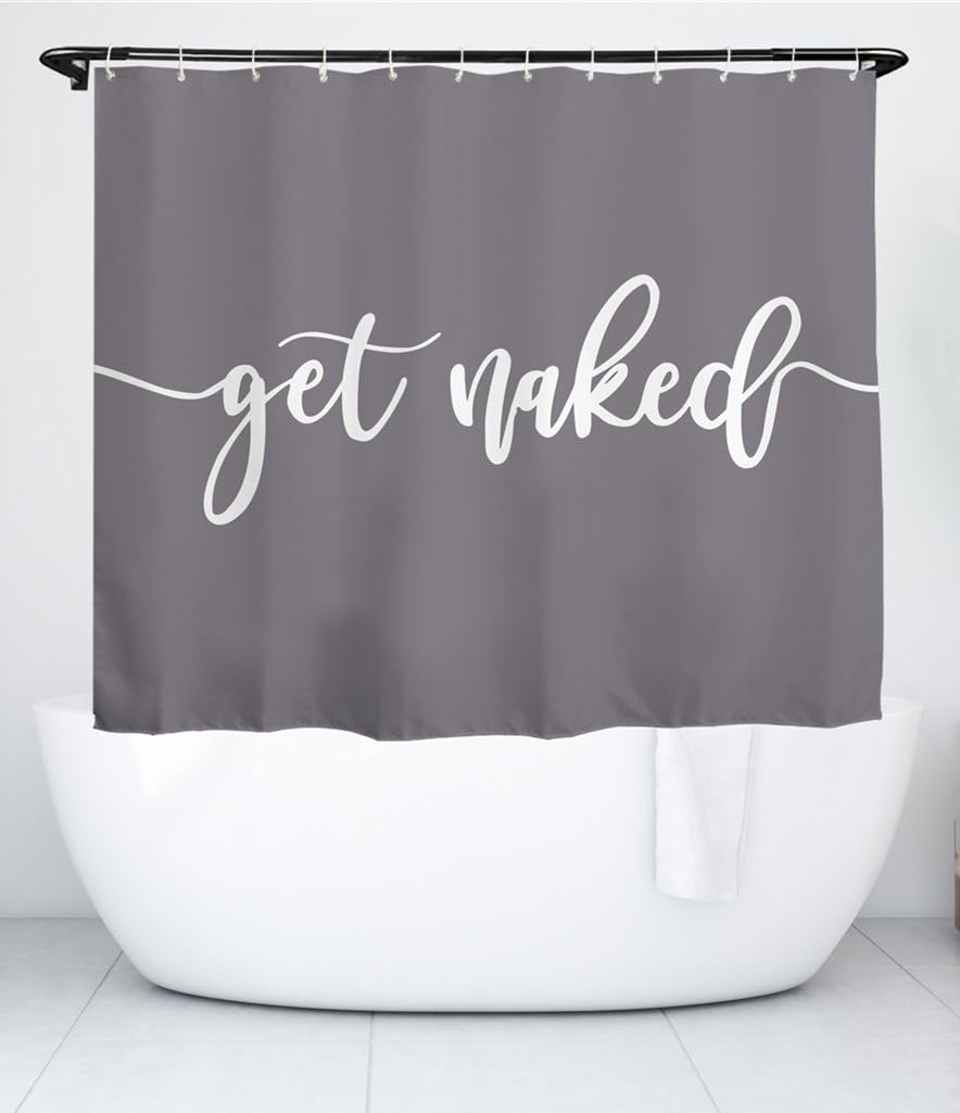 goodbath Grey Shower Curtain Short, Get Naked Waterproof Bathroom Curtains Anti Mould Fabric Bath Curtains, 180cm x 150cm, Gray